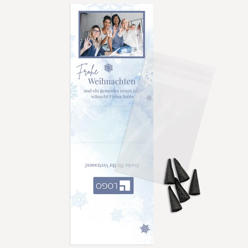 Aufsteller + Tütchen "Schneeflocken" mit 5 Crottendorfer Räucherkerzen "Weihrauch"