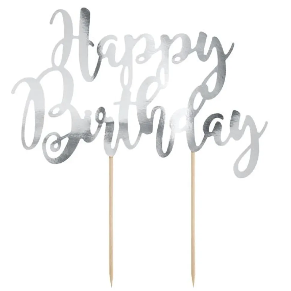 Cake Topper "Happy Birthday" silber
