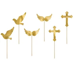 Cupcake Topper Set gold "Kreuz, Taube, Flügel" 6 Stück