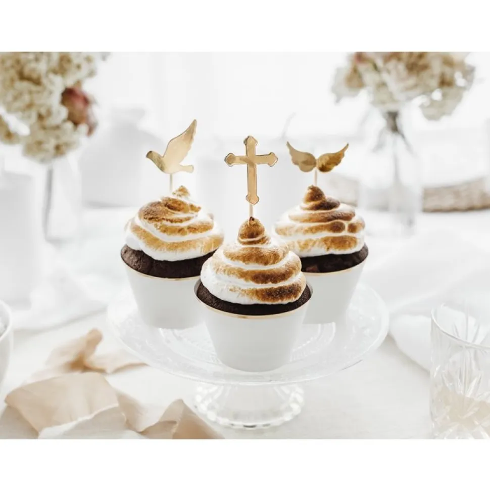 Cupcake Topper Set gold "Kreuz, Taube, Flügel" 6 Stück
