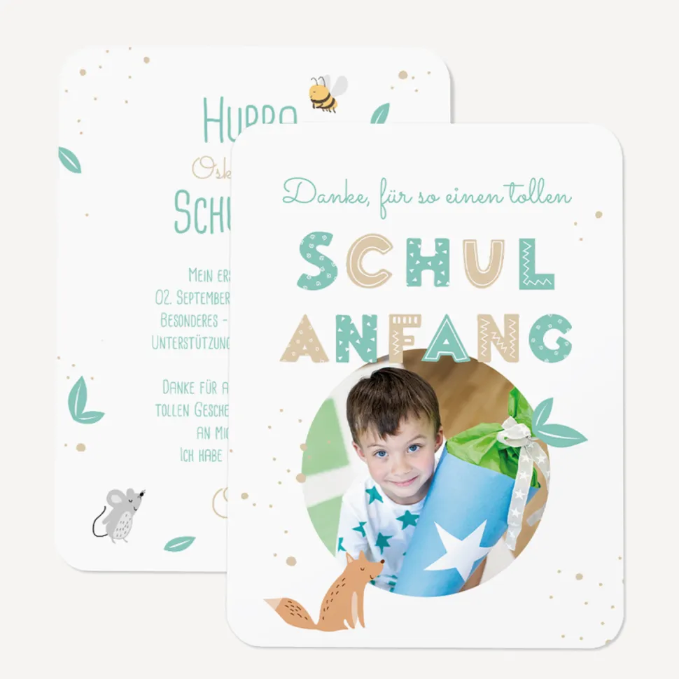 Danksagung Einschulung runde Ecken "Tierische Buchstaben"