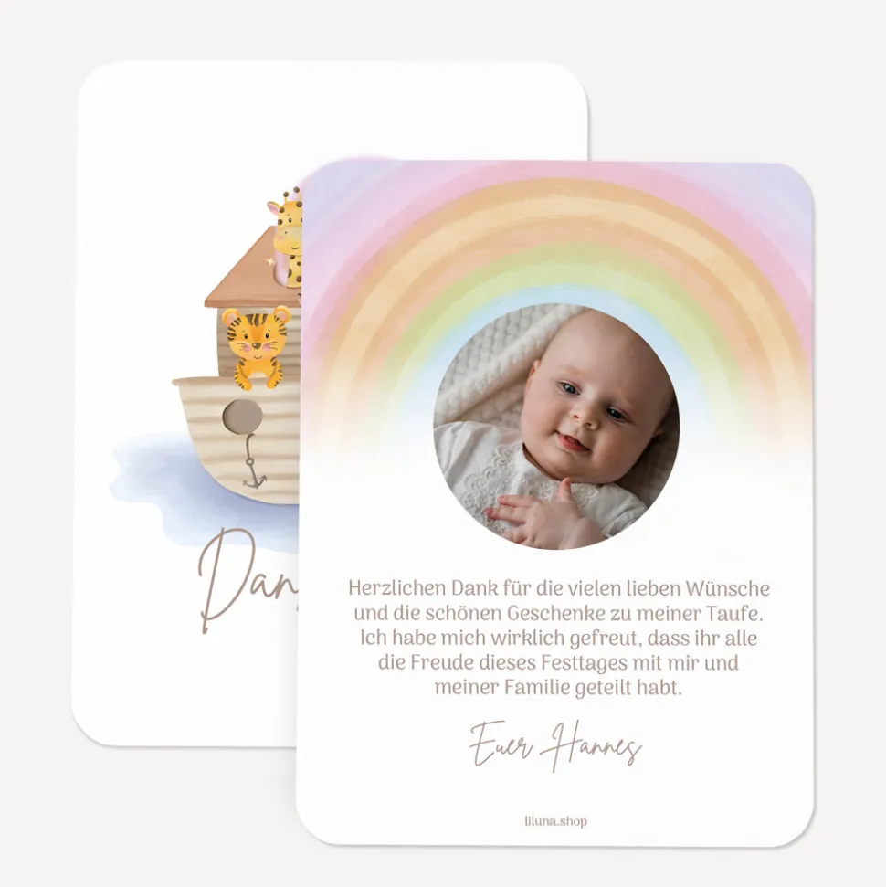 Danksagung Taufe runde Ecken "Arche Noah Regenbogen Pastell"