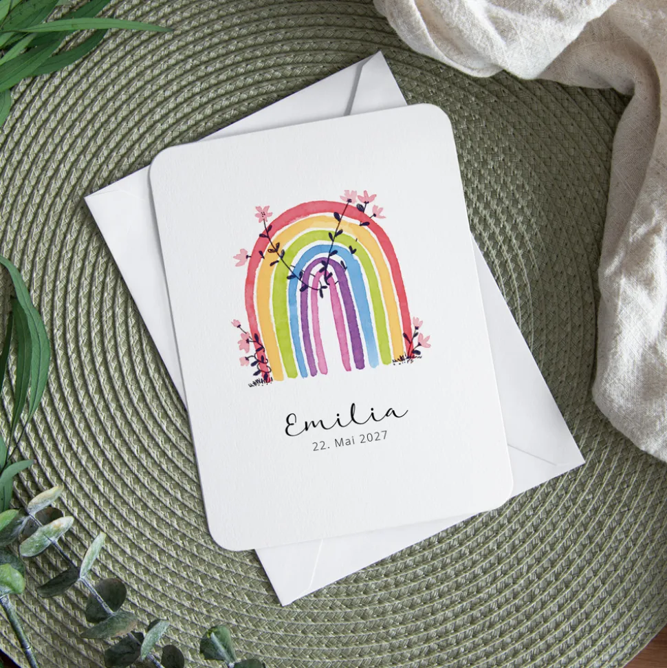Danksagung Taufe runde Ecken "Regenbogen Vintage"