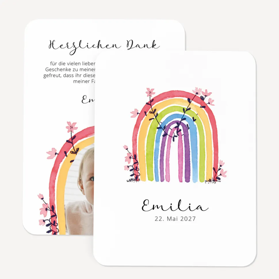Danksagung Taufe runde Ecken "Regenbogen Vintage"