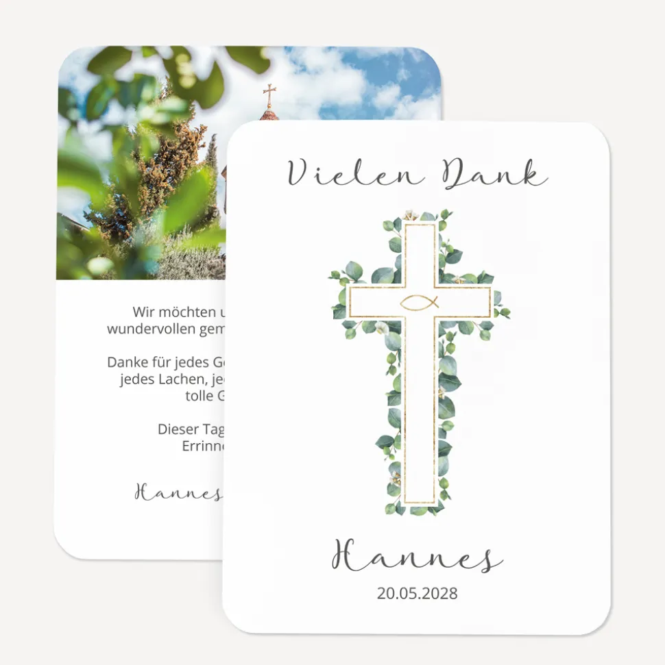 Danksagung Taufe runde Ecken "Eukalyptus Kreuz"