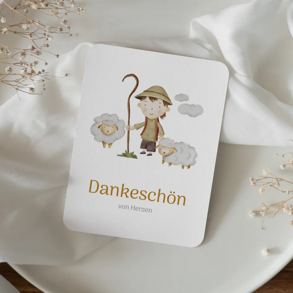 Danksagung Taufe runde Ecken "Kleiner Hirte und Schafe"