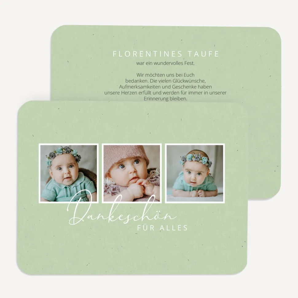 Danksagung Taufe runde Ecken "Foto Trio salbei"