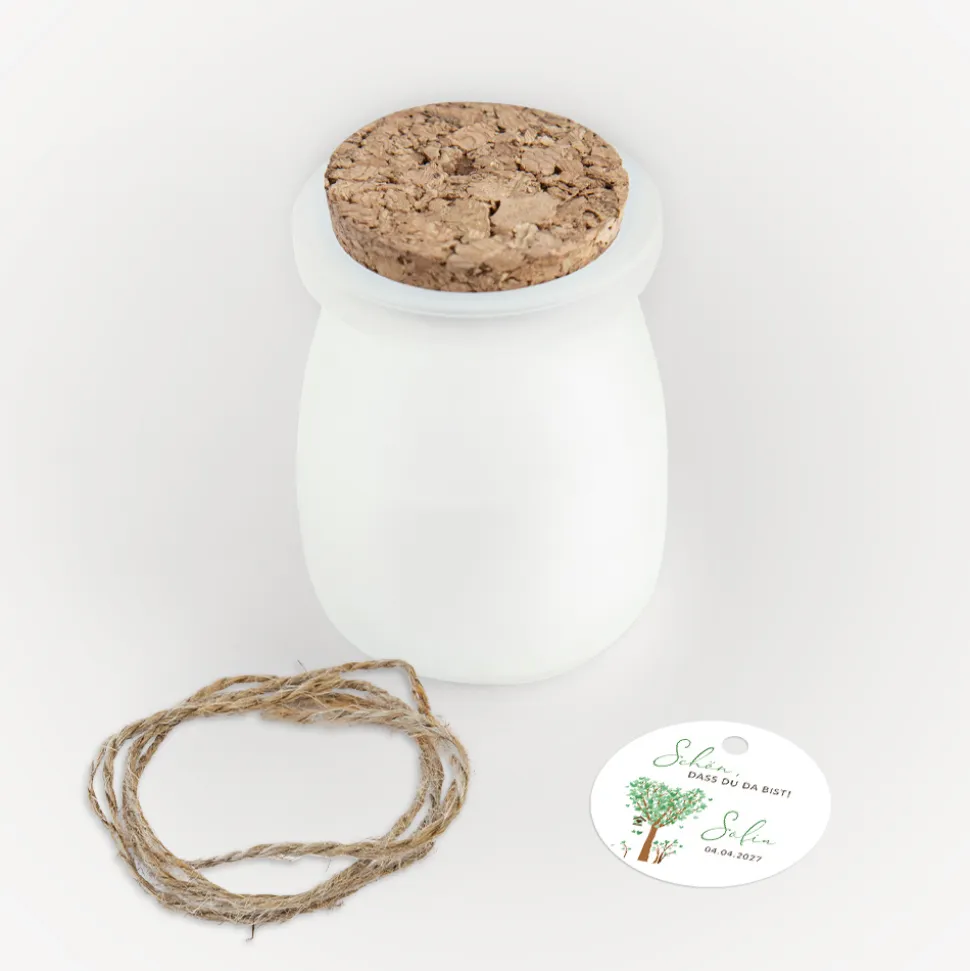 Duftkerze Vanille mit Korkdeckel + Anhänger "Baum Herzen"