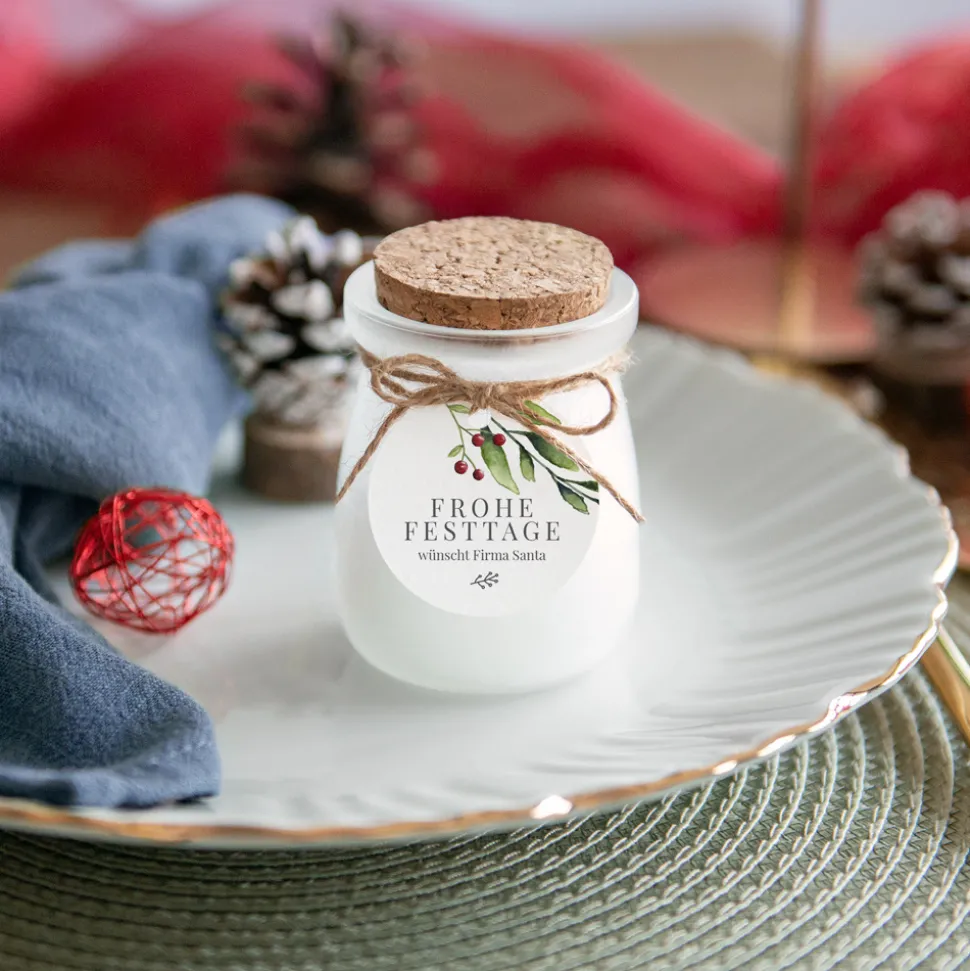 Duftkerze Vanille mit Korkdeckel + Anhänger geschäftlich "Mistelzweig"