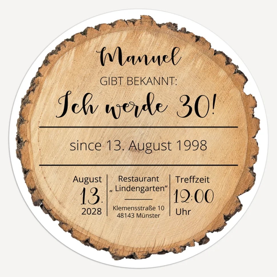 Einladung 30. Geburtstag "Baumscheibe"