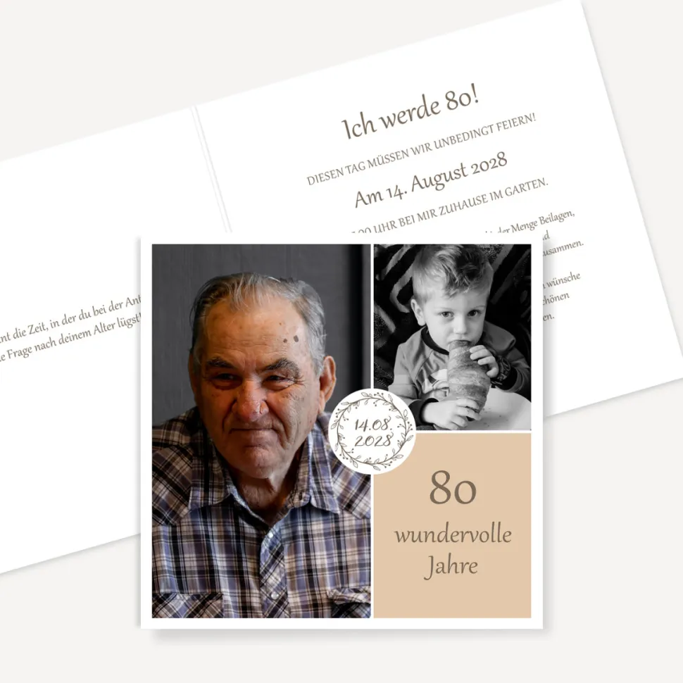 Einladung 80. Geburtstag Klappkarte quadratisch "Vintage Dreams"