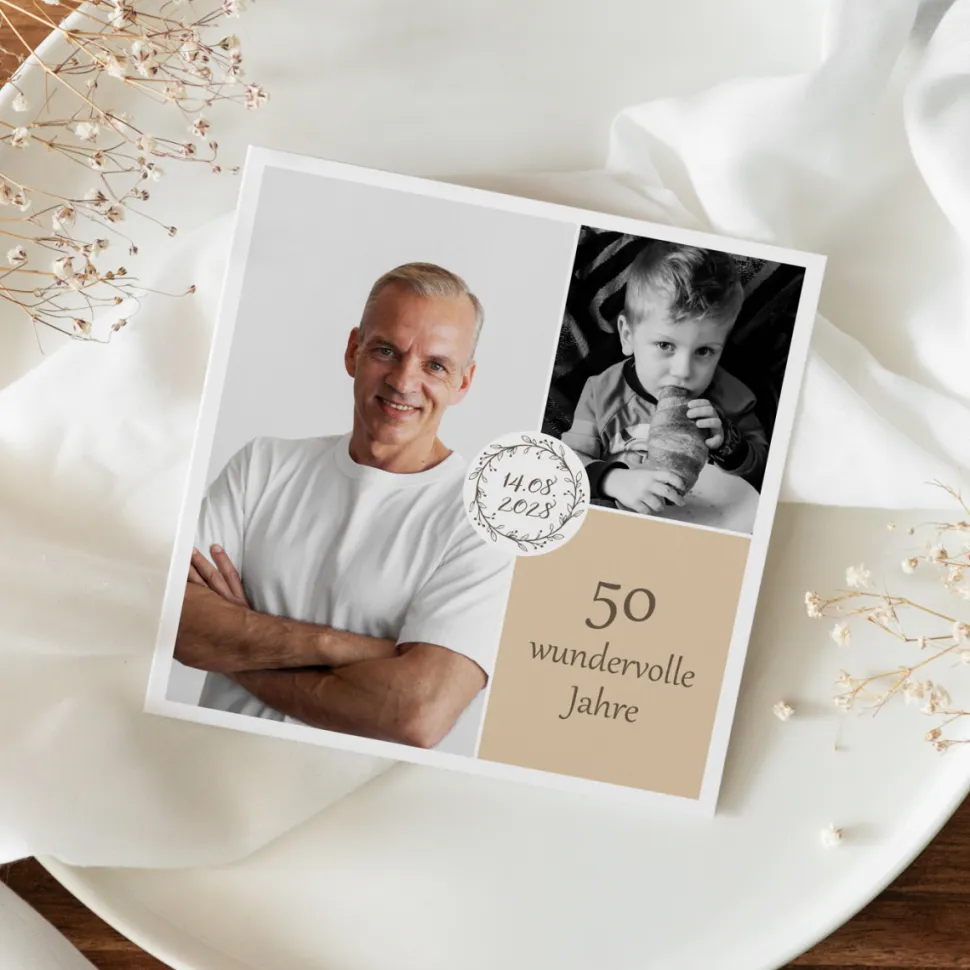 Einladung 50. Geburtstag Klappkarte quadratisch "Vintage Dreams"