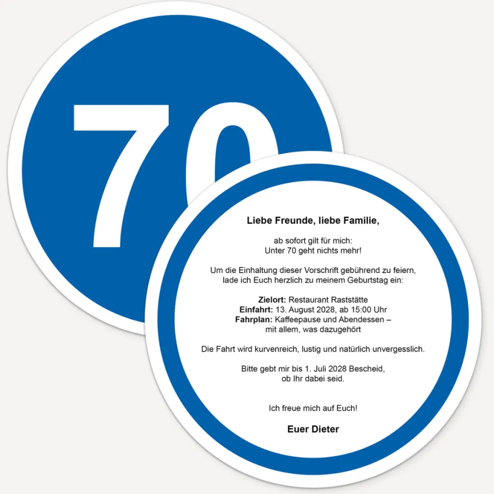 Einladung 70. Geburtstag "Mindestgeschwindigkeit"