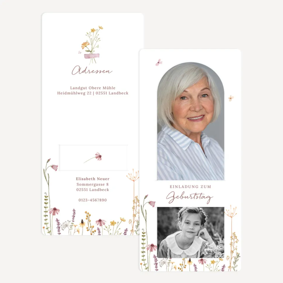 Einladung 80. Geburtstag mit Lesezeichen "Wildromantische Blüten"