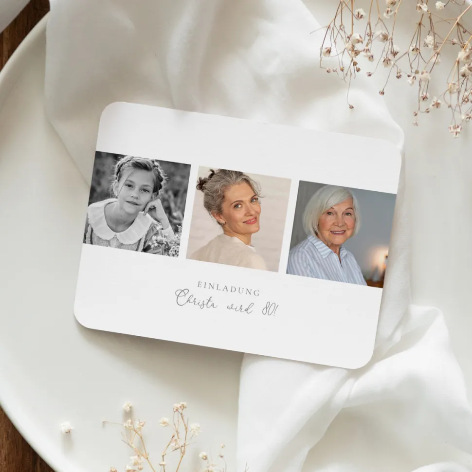 Einladung 80. Geburtstag runde Ecken "Trilogie"