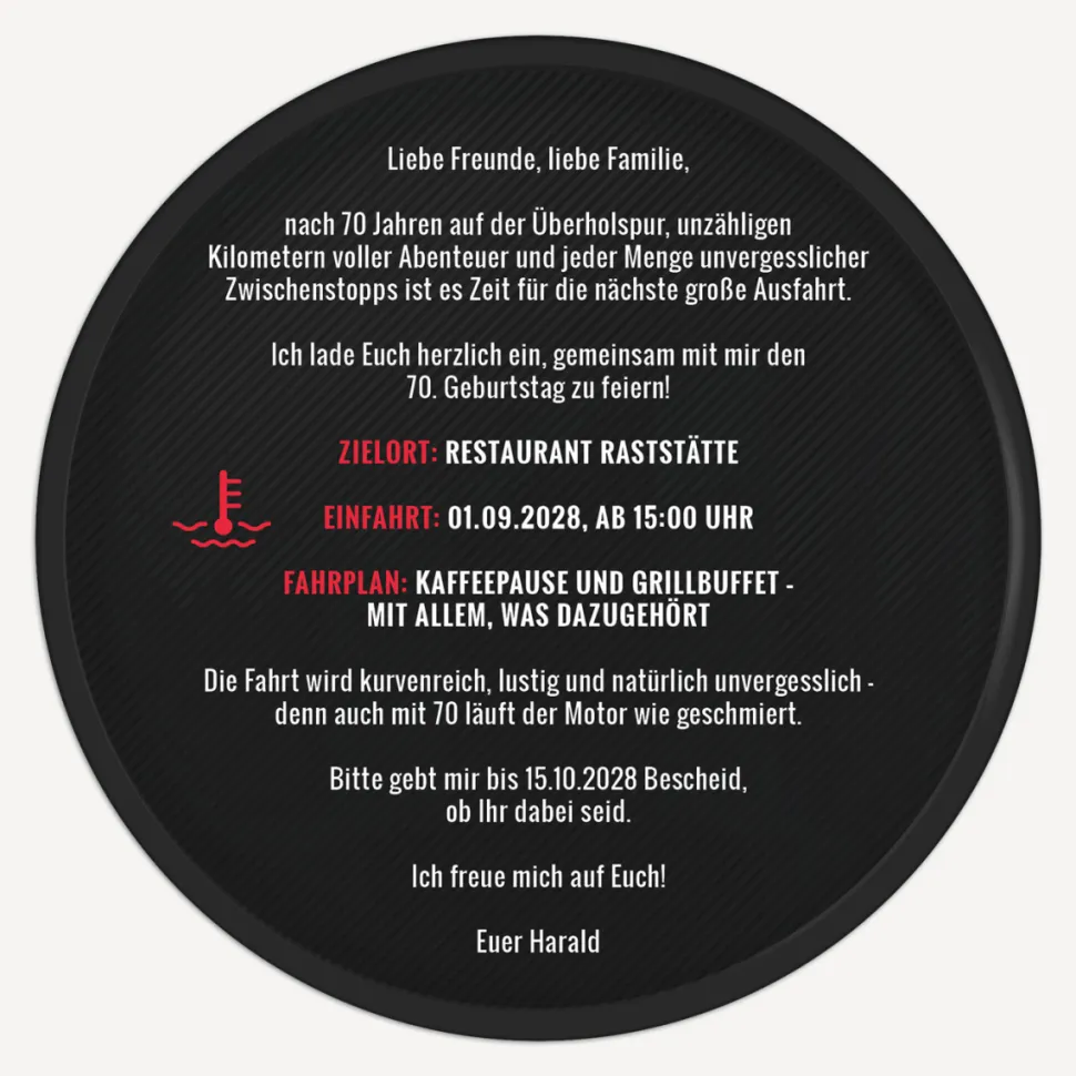 Einladung 70. Geburtstag "Tacho"