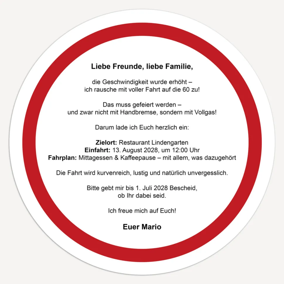 Einladung 60. Geburtstag "Verkehrsschild"