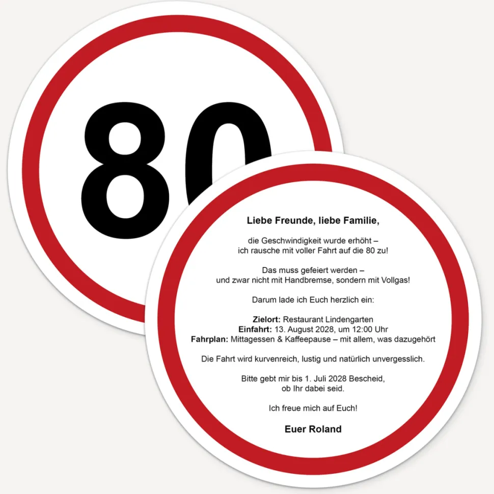 Einladung 80. Geburtstag "Verkehrsschild"