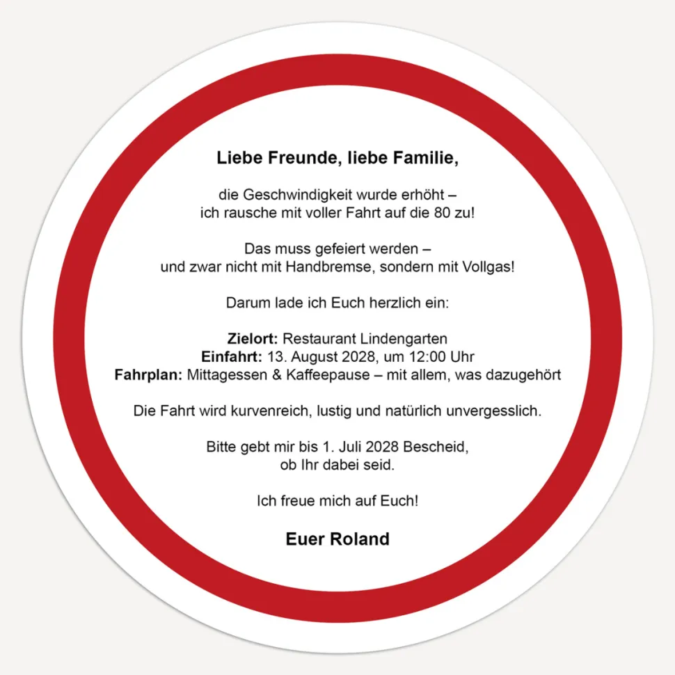 Einladung 80. Geburtstag "Verkehrsschild"