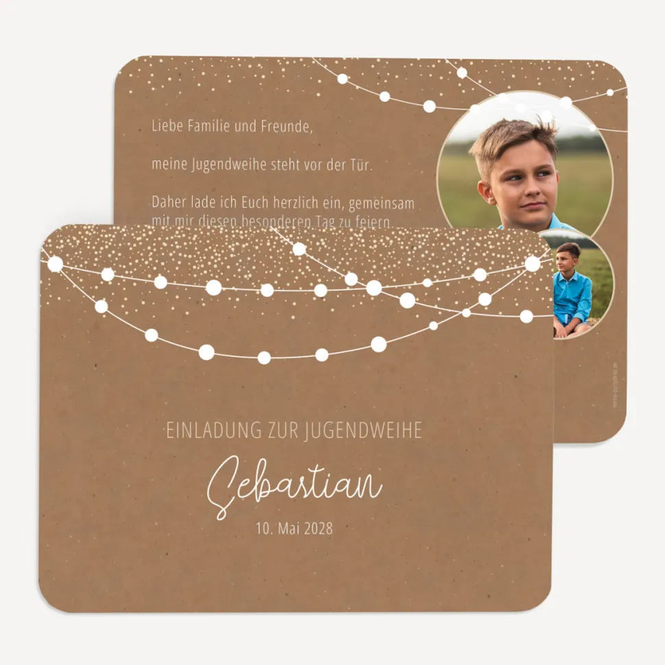 Einladung Jugendweihe runde Ecken "Party Lights" Kraftpapier Look