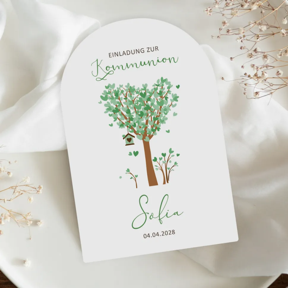 Einladung Kommunion Bogenkarte "Baum Herzen"