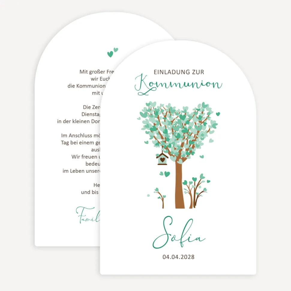 Einladung Kommunion Bogenkarte "Baum Herzen"