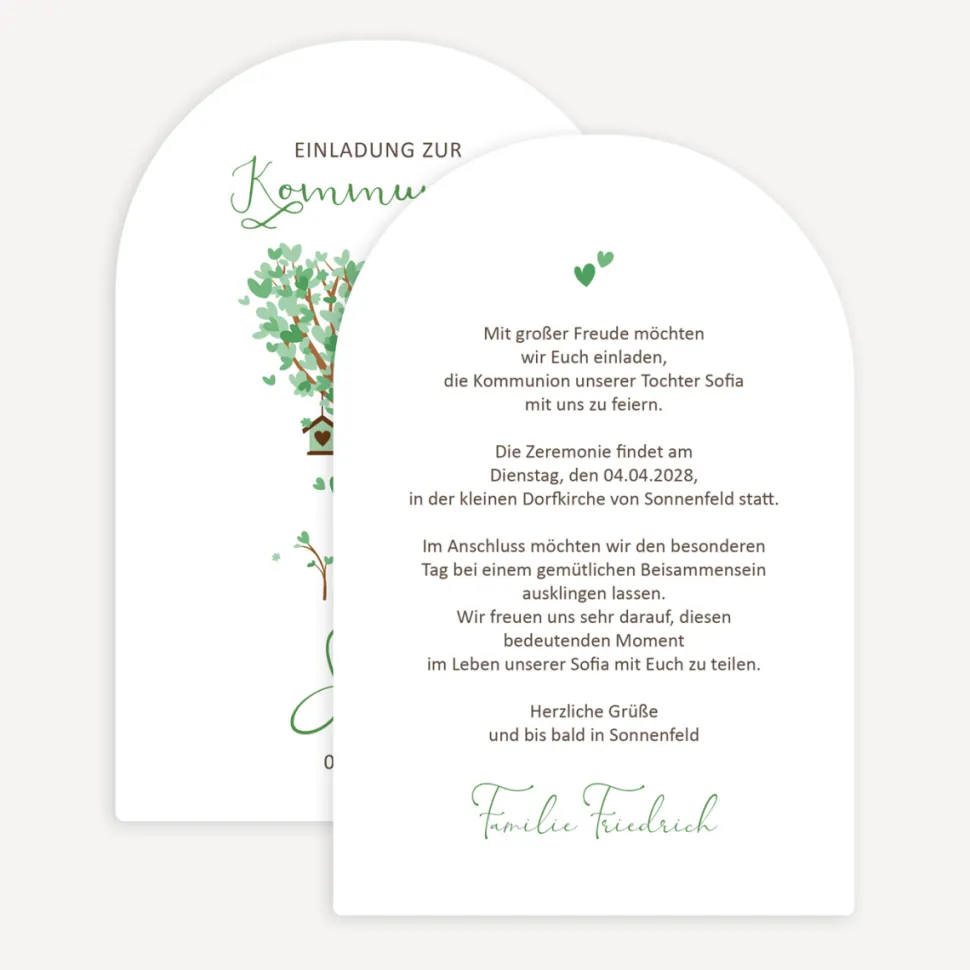 Einladung Kommunion Bogenkarte "Baum Herzen"