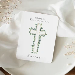 Einladung Kommunion runde Ecken "Eukalyptus Kreuz"