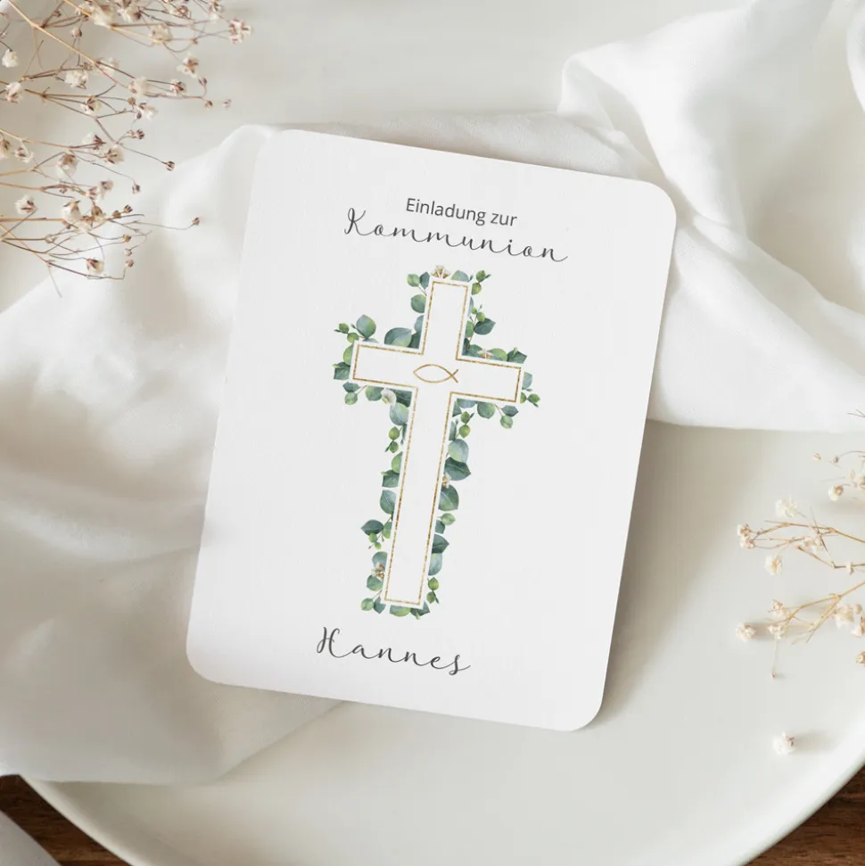 Einladung Kommunion runde Ecken "Eukalyptus Kreuz"
