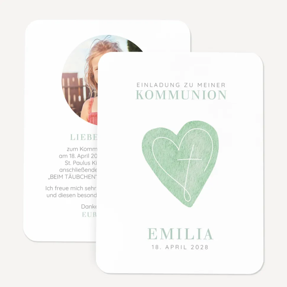 Einladung Kommunion runde Ecken "Herz"