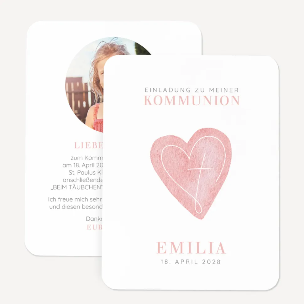 Einladung Kommunion runde Ecken "Herz"