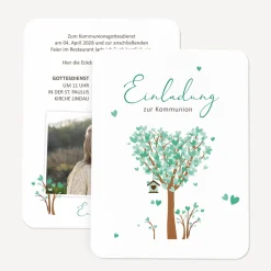 Einladung Kommunion runde Ecken "Baum Herzen"