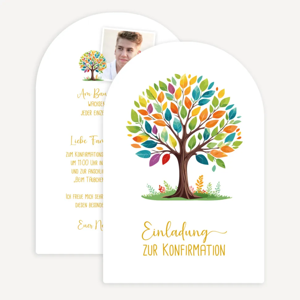 Einladung Konfirmation Bogenkarte "Lebensbaum Bunte Blätter"