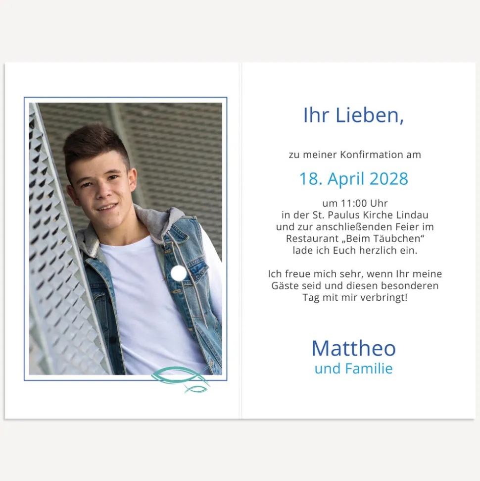 Einladung Konfirmation Junge "Liebe Glaube Weisheit"