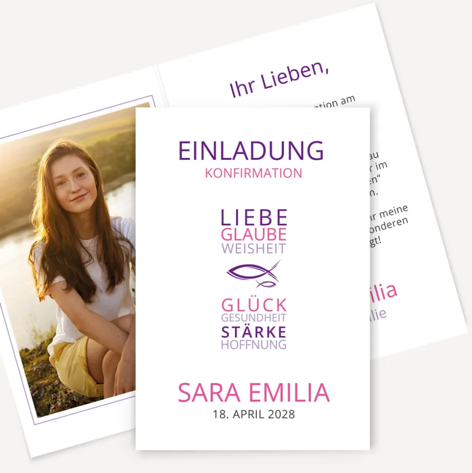 Einladung Konfirmation Mädchen "Liebe Glaube Weisheit"