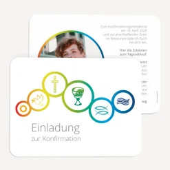 Einladung Konfirmation runde Ecken "Regenbogen Symbole"