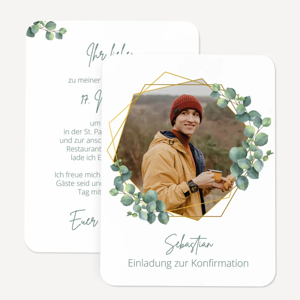 Einladung Konfirmation runde Ecken "Eukalyptus Geometrie"