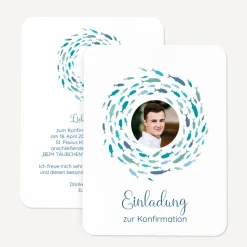 Einladung Konfirmation runde Ecken "Fischschwarm"