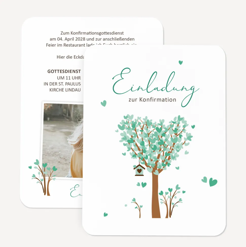 Einladung Konfirmation runde Ecken "Baum Herzen"