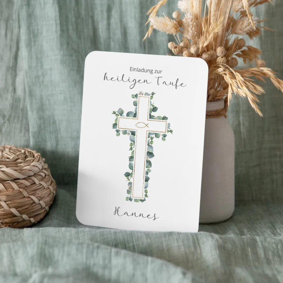 Einladung Taufe runde Ecken "Eukalyptus Kreuz"