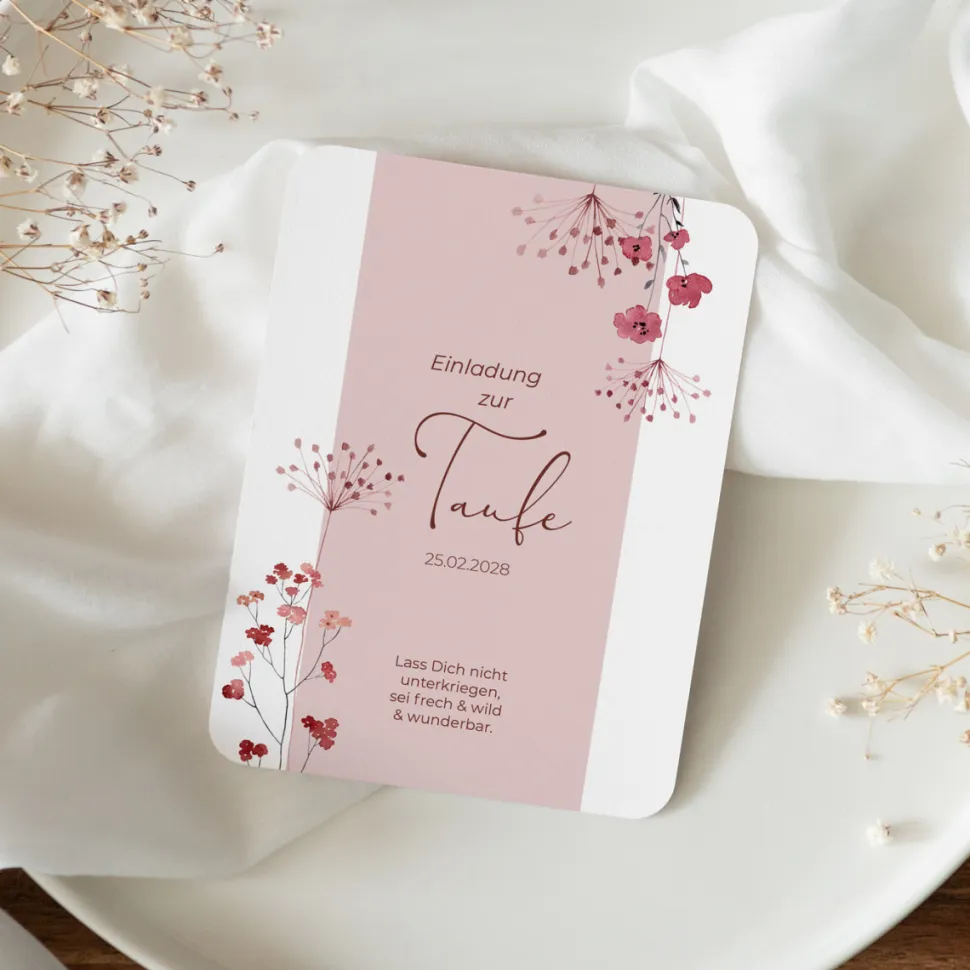 Einladung Taufe runde Ecken "Trockenblumen Blush"