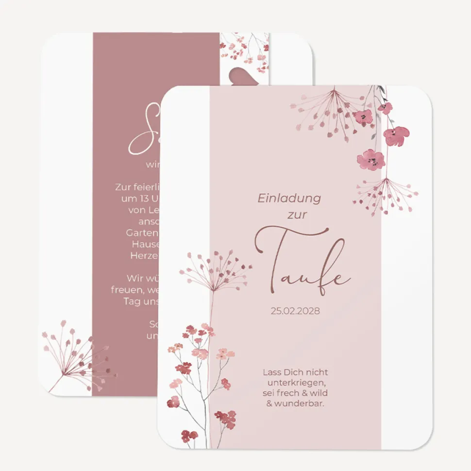 Einladung Taufe runde Ecken "Trockenblumen Blush"