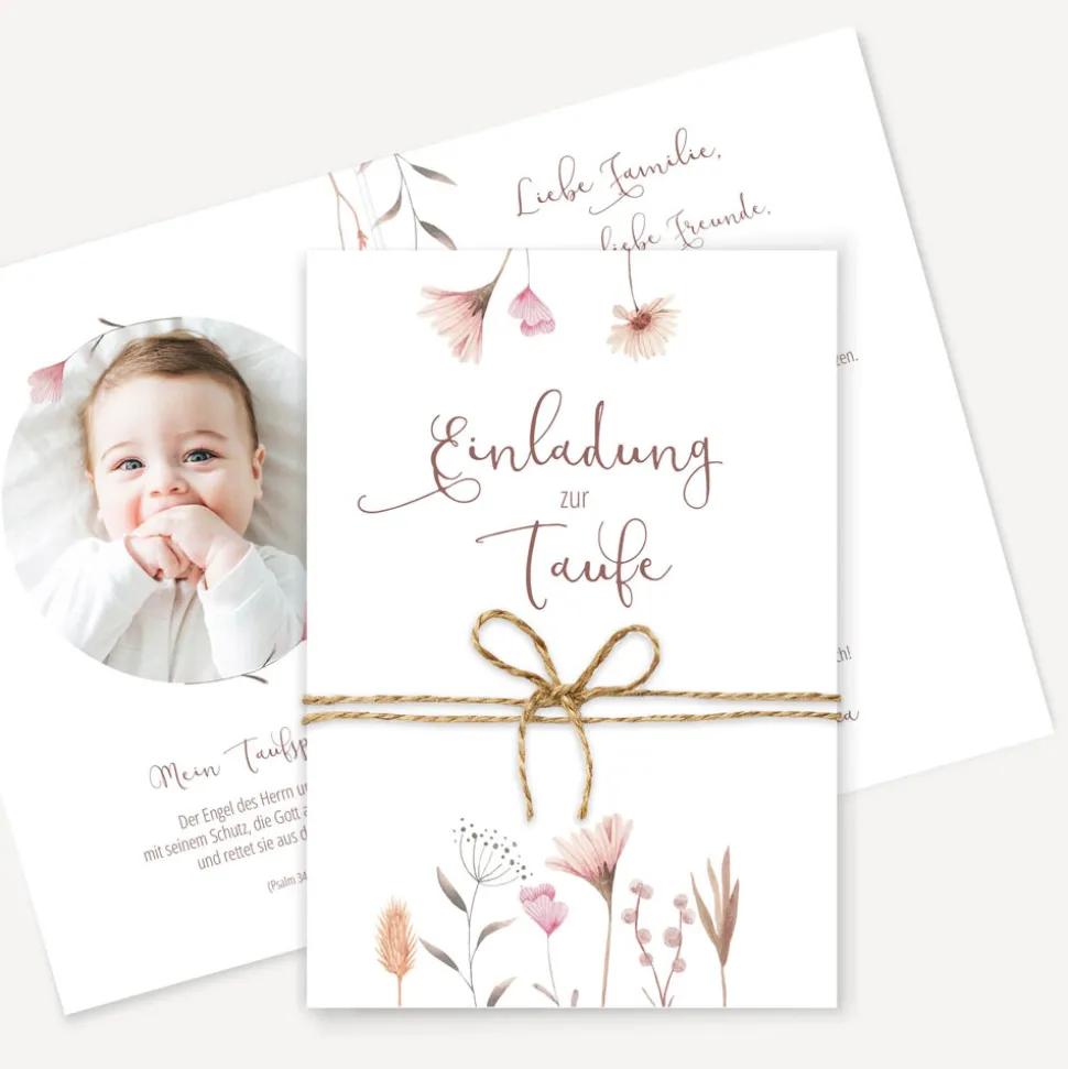Einladung Taufe "Wild Flowers" mit Juteband