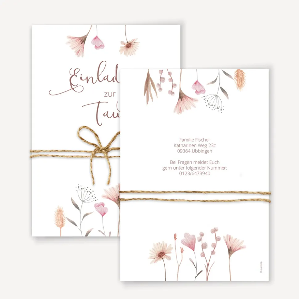 Einladung Taufe "Wild Flowers" mit Juteband