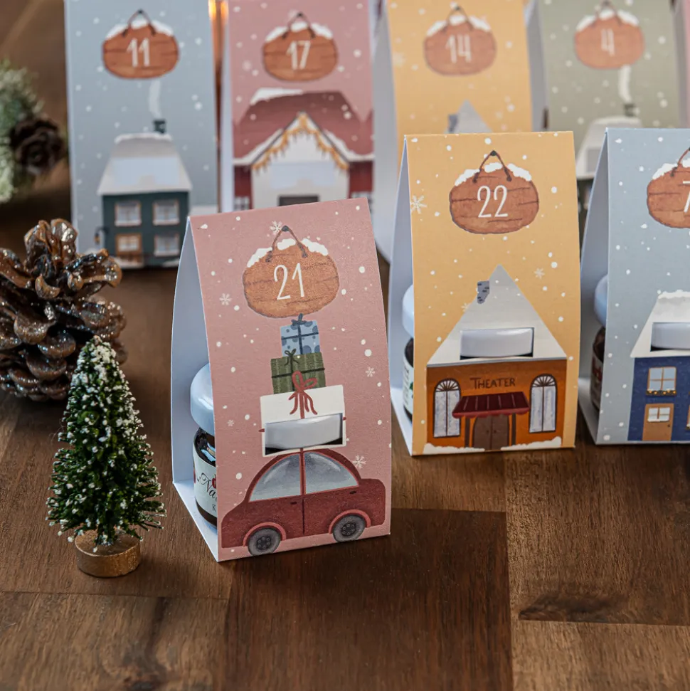 Frühstück Adventskalender mit Honig + Konfitüre inkl. Geschenktäschchen "Häuser"