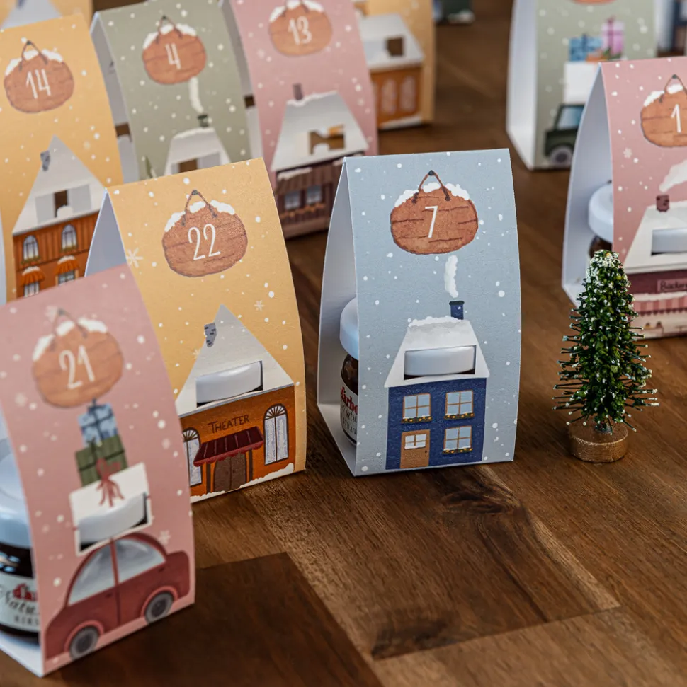 Frühstück Adventskalender mit Honig + Konfitüre inkl. Geschenktäschchen "Häuser"
