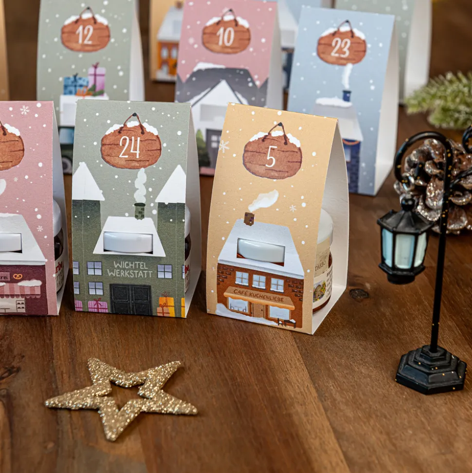 Frühstück Adventskalender mit Honig + Konfitüre inkl. Geschenktäschchen "Häuser"