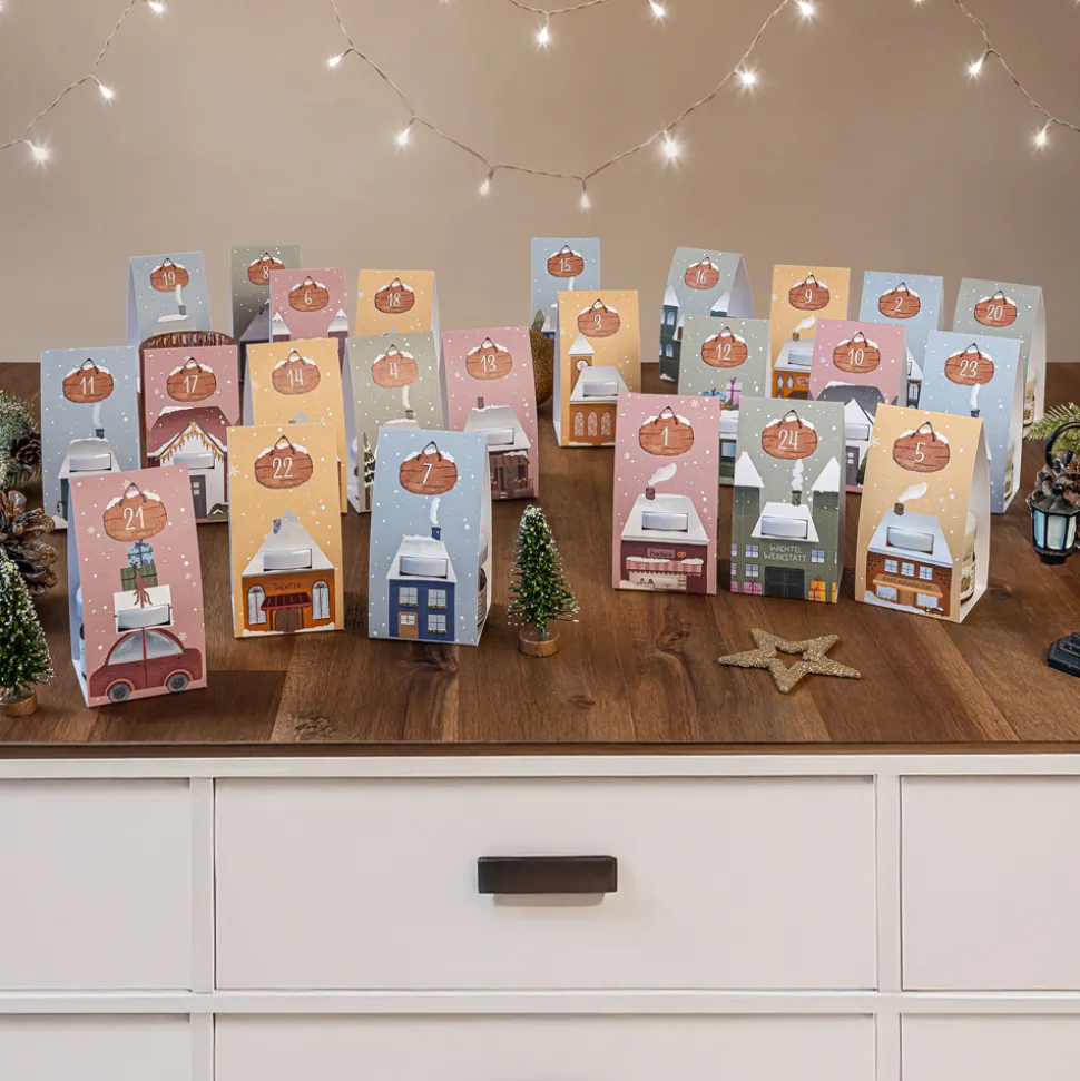 Frühstück Adventskalender mit Honig + Konfitüre inkl. Geschenktäschchen "Häuser"