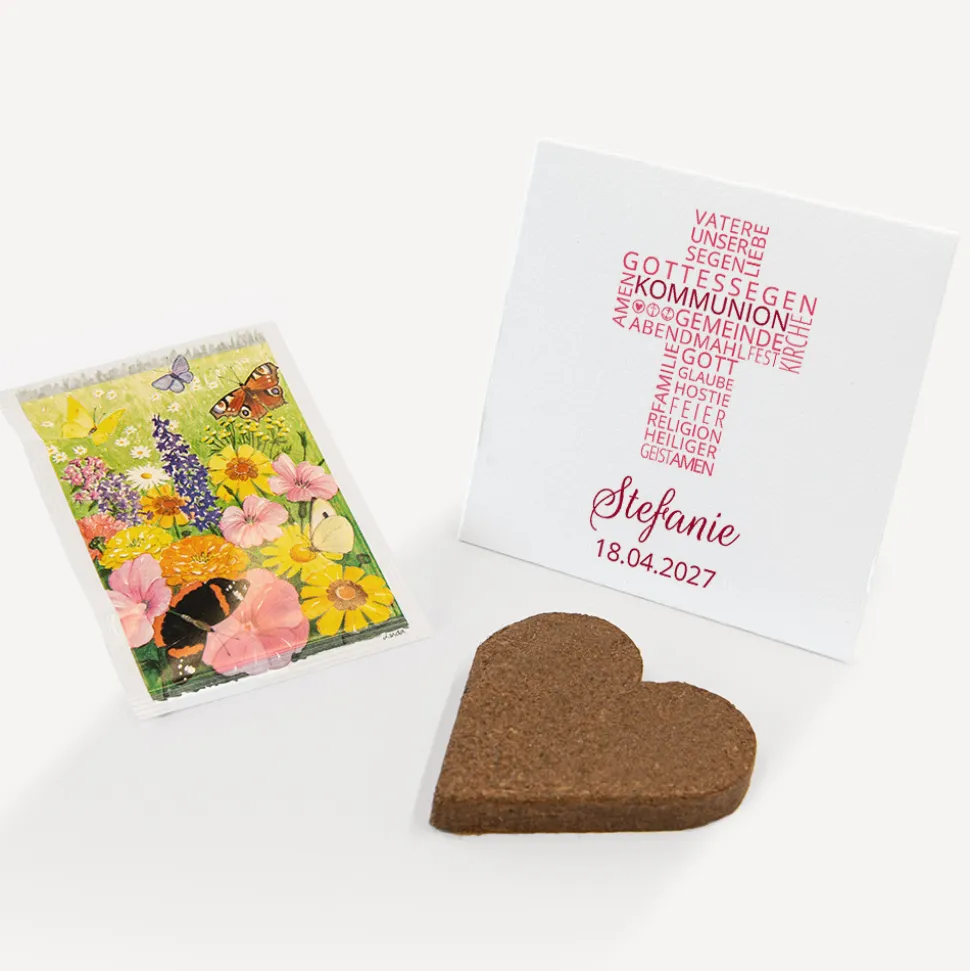Gastgeschenk Anzuchtset Herz Kommunion Mädchen "Kreuz Modern"