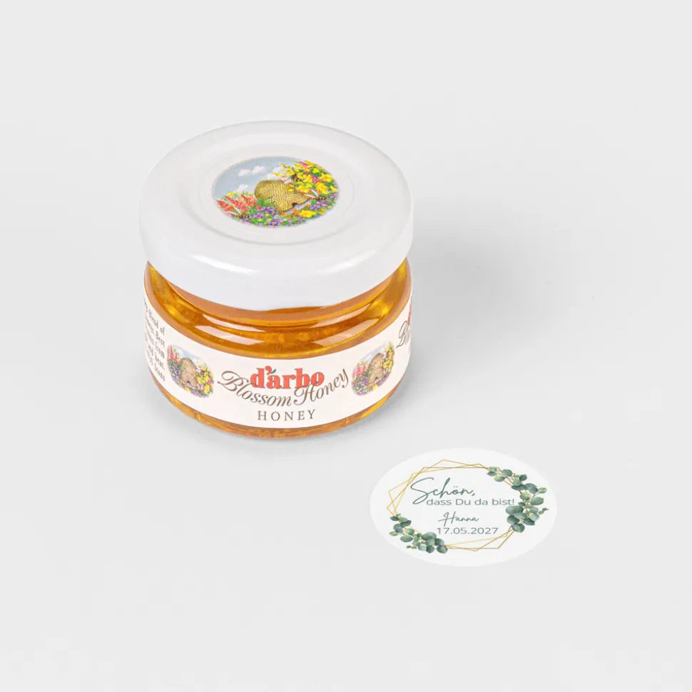 Gastgeschenk Blütenhonig mit Aufkleber "Eukalyptus Geometrie"
